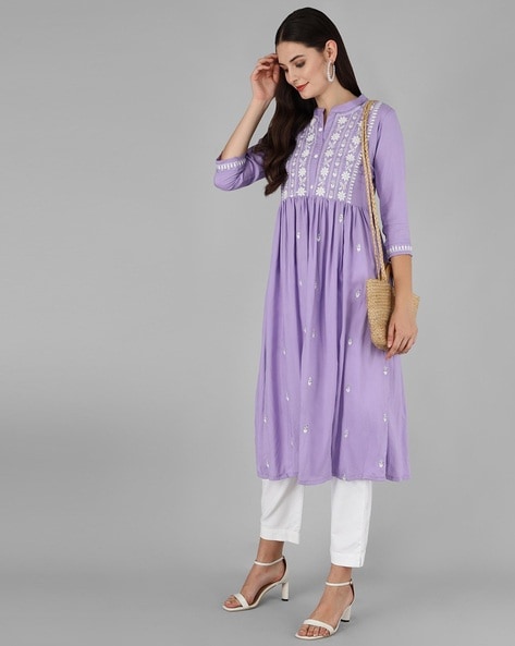 Buy Lavender Shantung Kurta With Embroidery Online - W for Woman