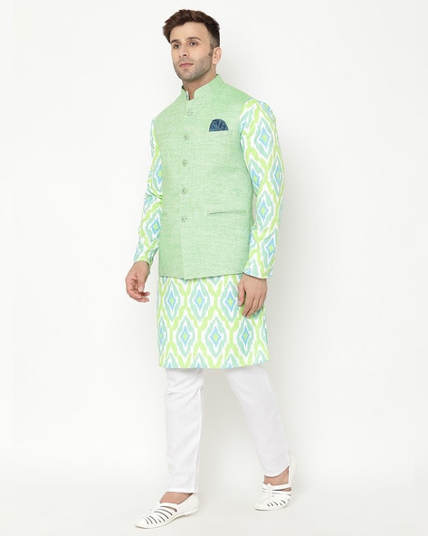 Embroidered Art Silk Nehru Jacket in Green : MHG2436