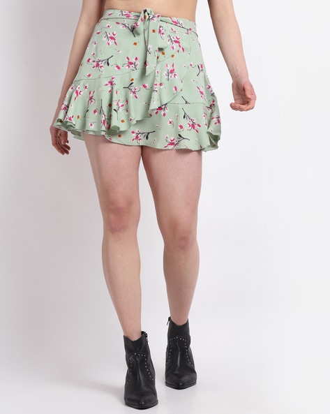 Floral Print Wrap Skirt with Tie-Up Waist