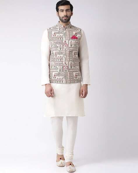 White kurta sale with grey waistcoat