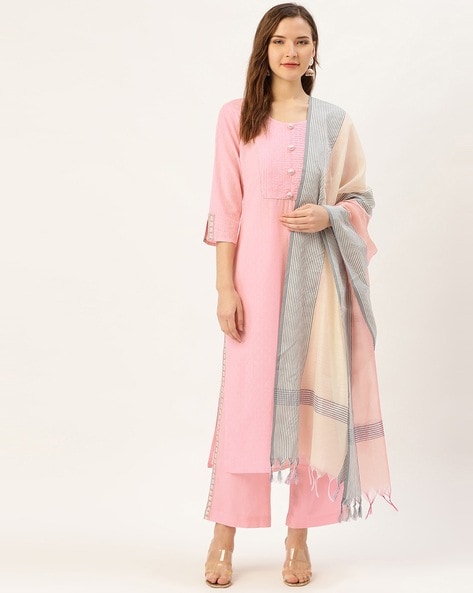 Baby Pink Printed Cotton Silk Kurti with Pink Strechable Pants Kurti Set  Online  Colorauction