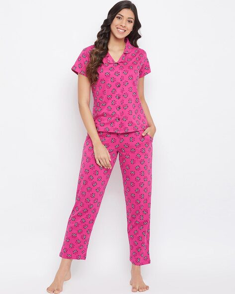 Buy Clovia Pink Cotton Printed T-Shirt and Pyjama (Set of 2) online