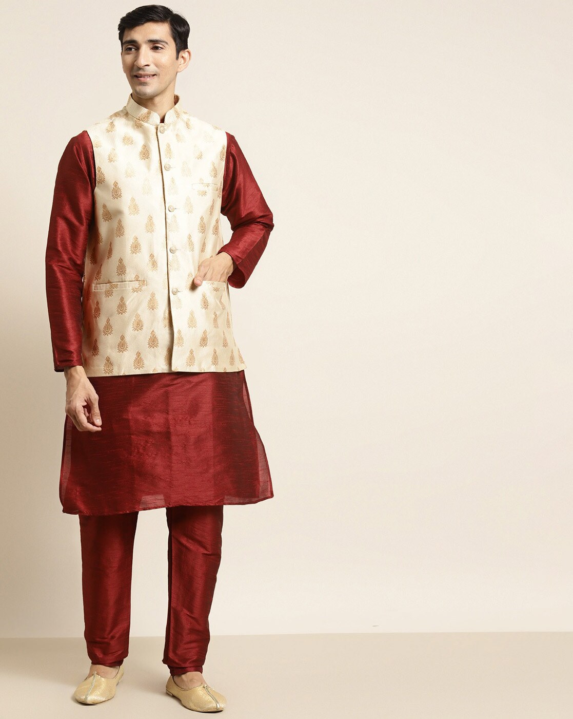 Gold and Maroon Mehndi Kurta Payjama With Jacket -