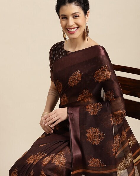 Shop Online Plain Work Silk Silk Saree In Brown : 277369 -