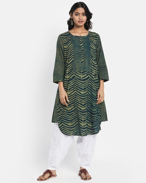 2 pc set of green cotton ajrakh print straight kurta with tagaai work –  Fabnest