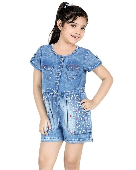 Denim dungaree shorts - Light denim blue/Strawberry - Kids | H&M IN