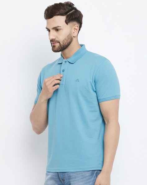 4 Four Squares Solid Men Polo Neck Blue T-Shirt - Buy 4 Four Squares Solid  Men Polo Neck Blue T-Shirt Online at Best Prices in India