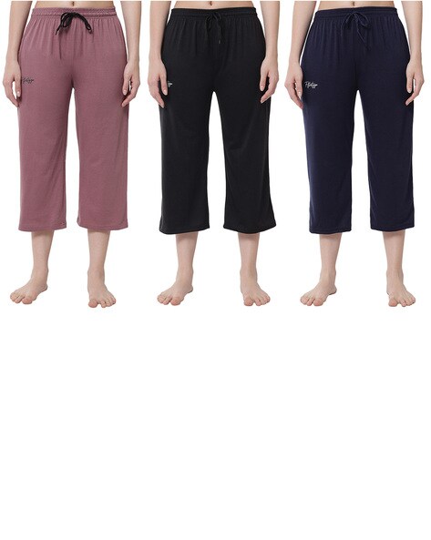 Fflirtygo Solid Capri�s for Women, Night Pyjamas for Women, Night Dress,  Lounge Wear, Black and Grey and Light Blue Color 3/4 Pyjama,� Capri Combo  Pack of 3Pcs for Ladies Cotton : 