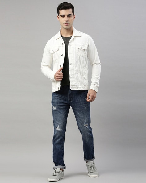 Mens Shirt Style White Denim Jean Jacket - Danezon