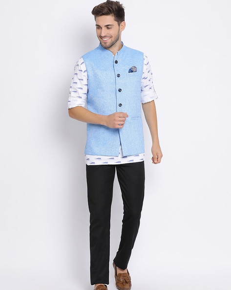 White Kurta Pajama Set + Baby Blue Jacket Set – Heer Collection Inc.