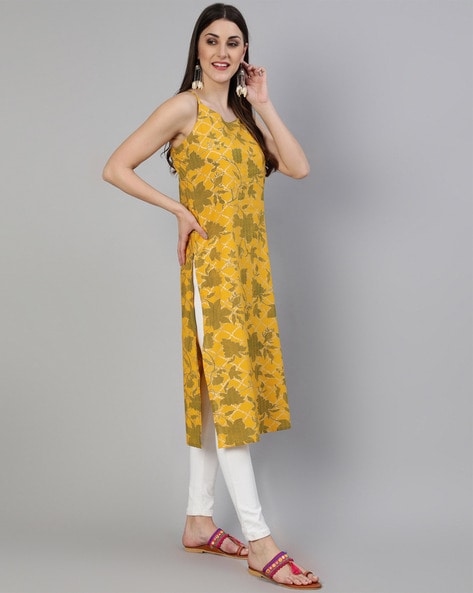Yellow Poly Silk Thread Embroidered Straight Kurti VEK1118 – Ahika