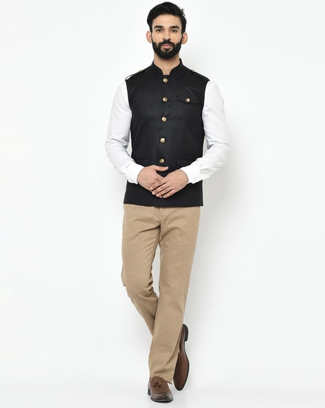 Buy MODI JACKET Black Textured Terry Regular Fit Men's Nehru Jacket |  Shoppers Stop