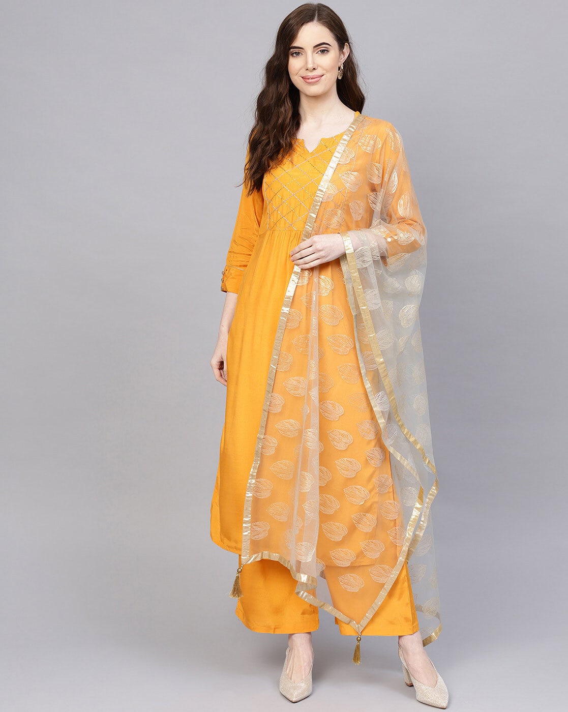Ladies Yellow Straight Long Kurti With Pant And Dupatta, Size: S, M, L, XL  at Rs 650/piece in Jaipur