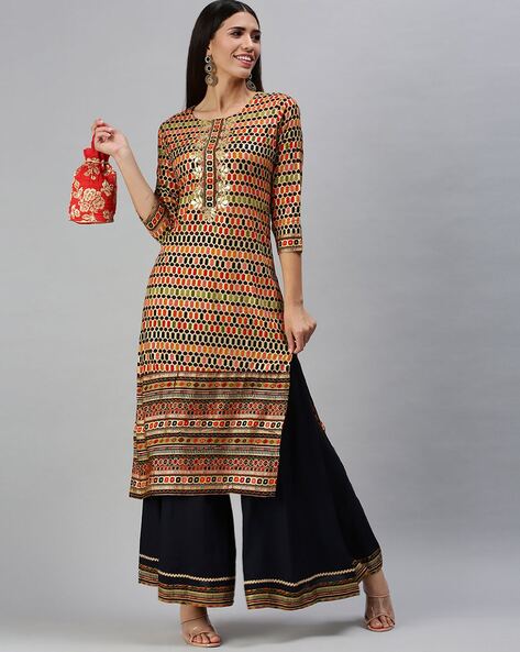 Multicoloured Printed Cotton Kurti with Lakhnawi Cotton Palazzo Kurti Set  Online in India | Colorauction