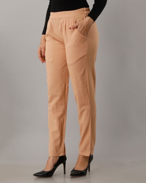 Womens Camel Brown Coloured Slub Cotton Regular Fit Trouser Pant   Rajnandini  3366662