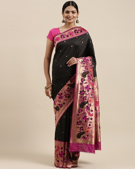 Black With Pink Pallu And Border Pure Soft Silk Saree – BharatSthali