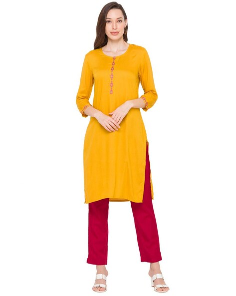 Aks women mustard on sale solid straight kurta