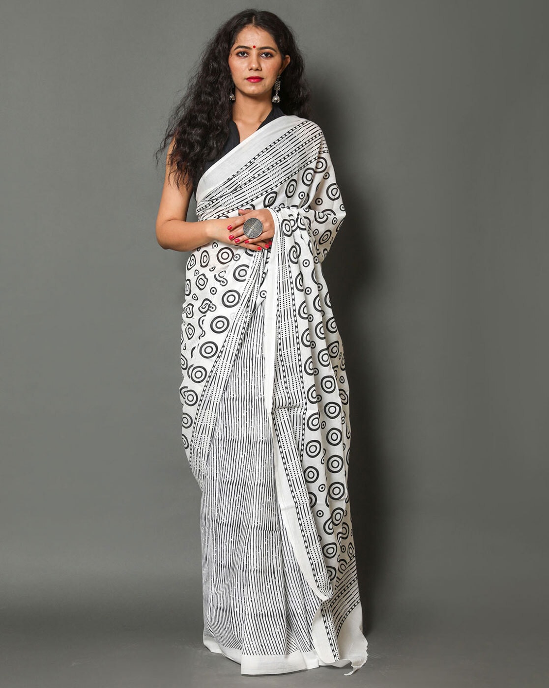 Black & White (All Over Dots) - Hand Block Printed Cotton Saree