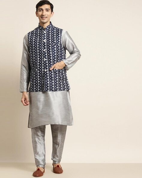 Art Silk Kurta Pajama With Jacket In Cream And Grey Colour - KP5750161