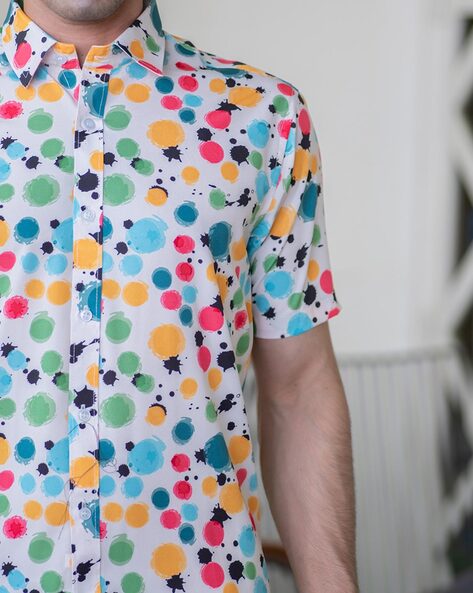 Buy Red Polka Dots Printed Half Sleeves Crepe Shirt Online