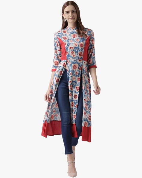 Twara Peacock blue intricate ogee patterned high-neck with 3/4th sleeve  rayon material umbrella long kurti