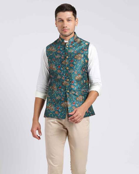 Bright White Multi Color Floral Textured Premium Polyester Designer Nehru  Jacket For Men