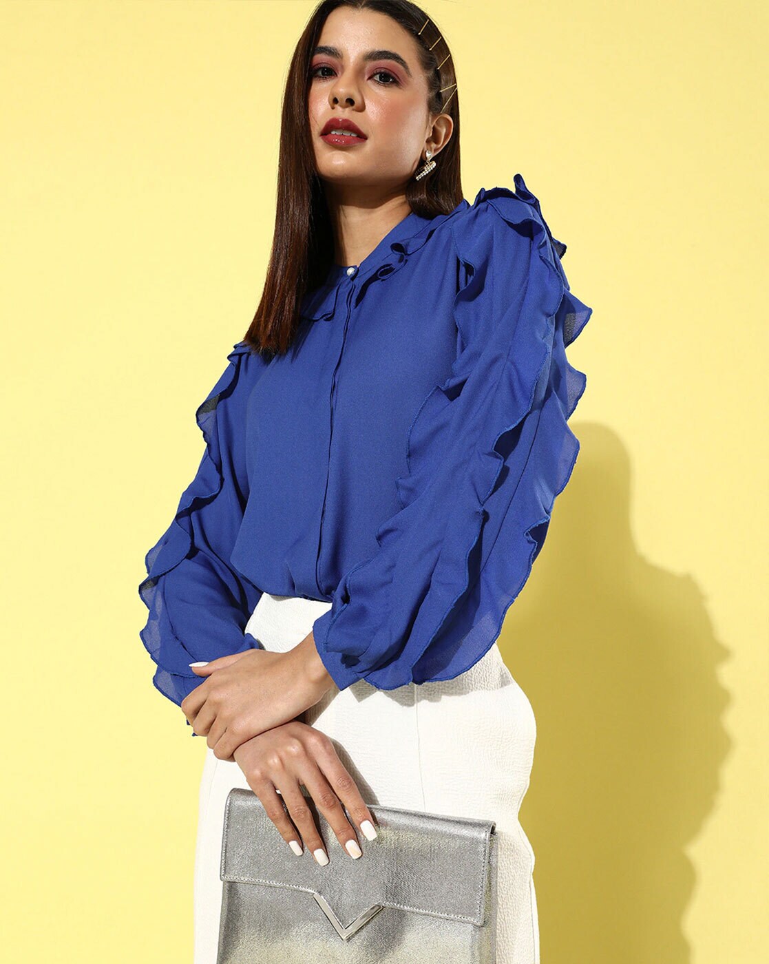 Blue ruffle deals sleeve top