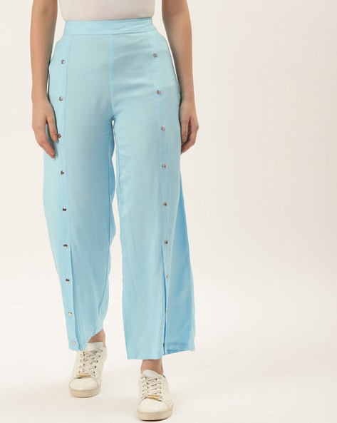 Light Blue Straight Pants, Solid Light Blue Straight Pants