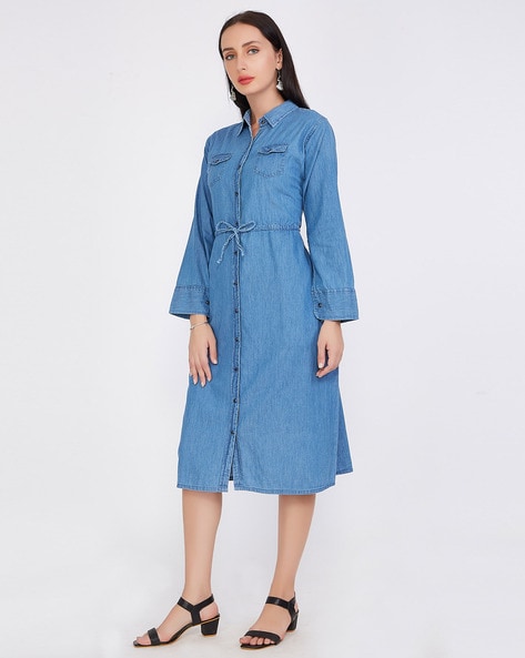 Spring Autumn Denim Dresses For Women Blue Long Sleeve Knee-length Dress  Fashion Casual Lapel Button Slim Dress Ladies Vestidos - AliExpress