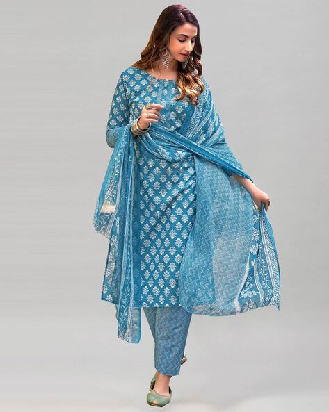 3-piece Floral Print Unstitched Dress Material with Dupatta