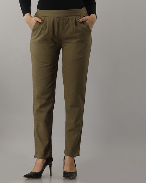 Buy Dark Green Solid Slim Pants Online - W for Woman