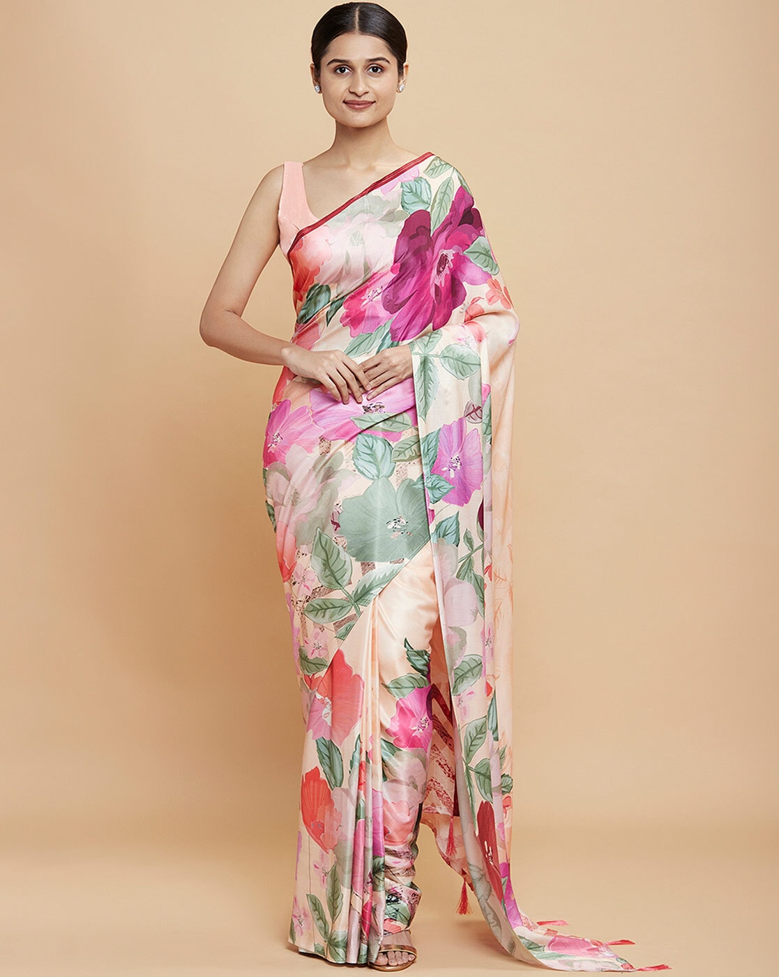 Buy Beige & Pink Sarees for Women by Dwini Online | Ajio.com