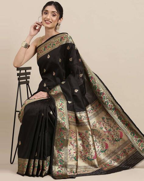 Banarasi kora organza silk saree in black color with zari upwan motifs –  Boveee