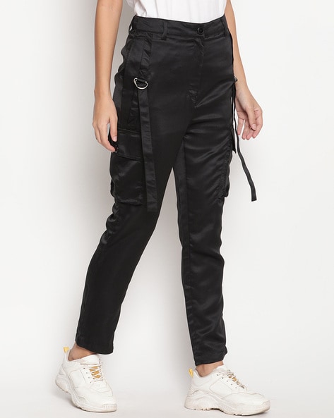 Womens Straight Leg High Waisted Cargo Trousers With Pockets Black   Styledupcouk