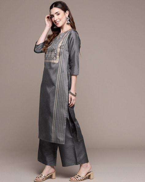 Buy Office Wear Light Grey Plain Heavy Rayon Kurti With Palazzo Online From  Surat Wholesale Shop.