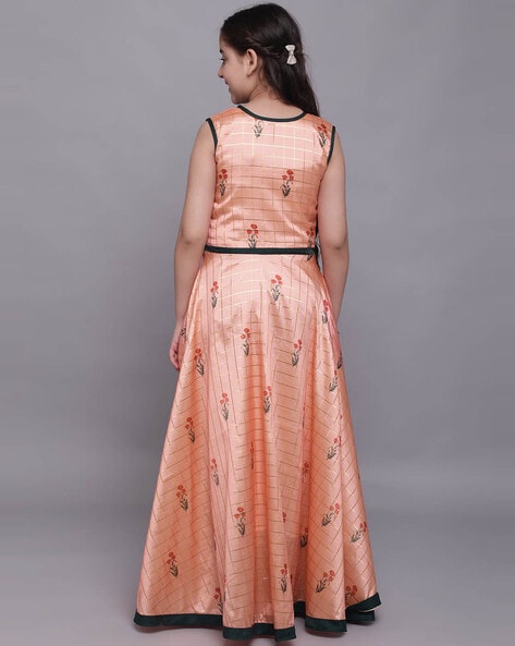 Designer full stitched slit dress in peach Color