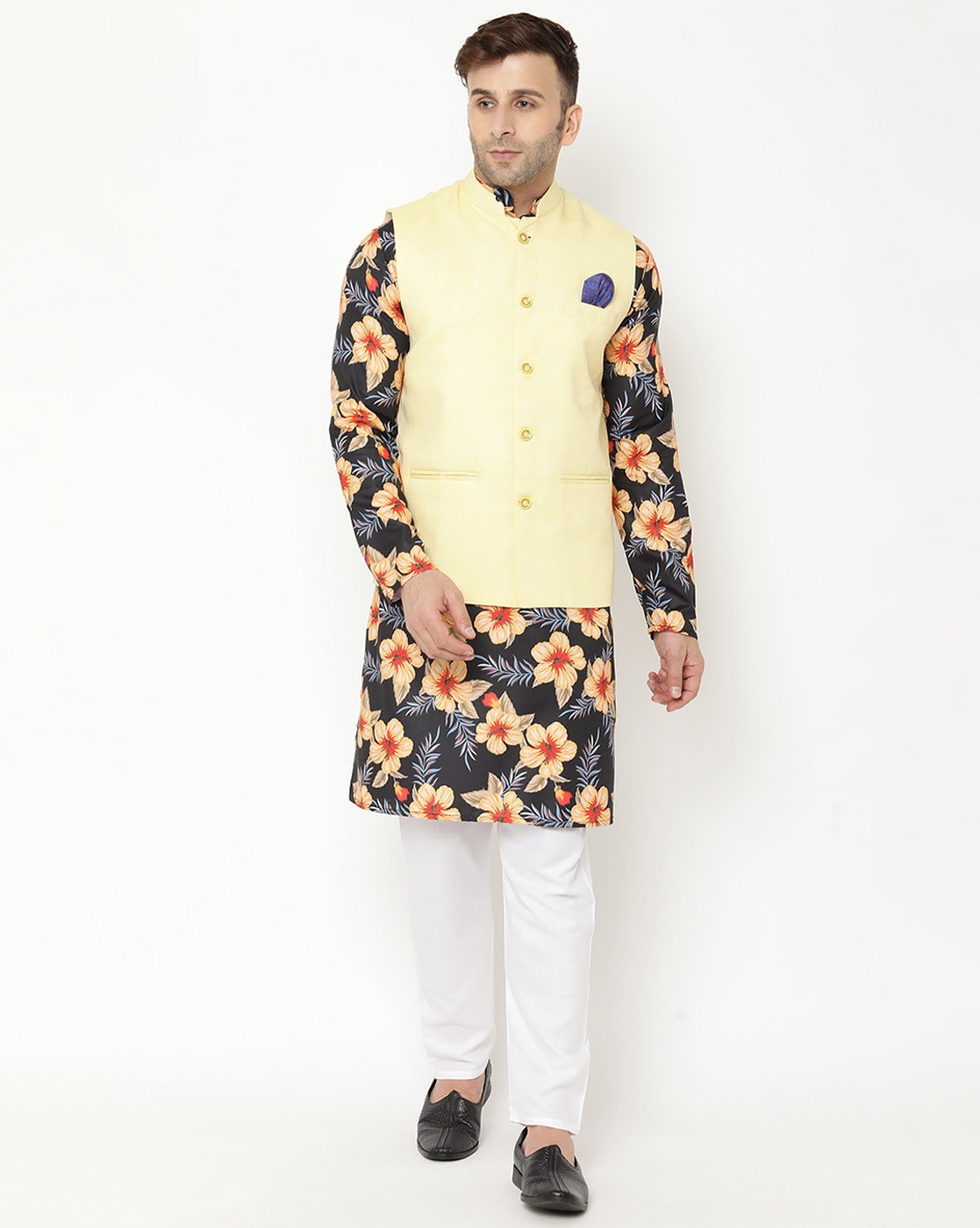 Buy Benstoke Mens Silk Black Kurta Pajama with Printed Nehru Jacket (Set of  3) online