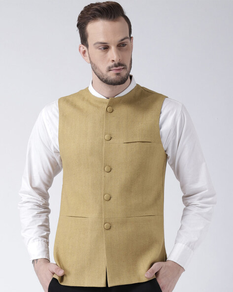 Blue Kurta Pyjama Set With Designer Golden Jacket (Koti) and Pocket Square