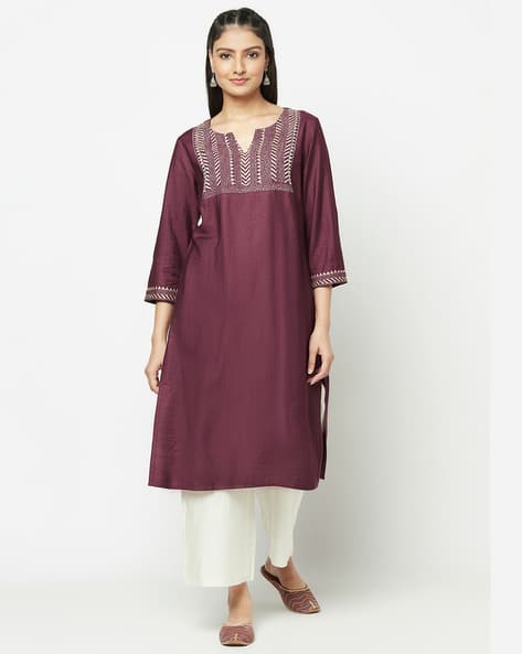 Viscose Tussar Embroidered Knee Length Kurta