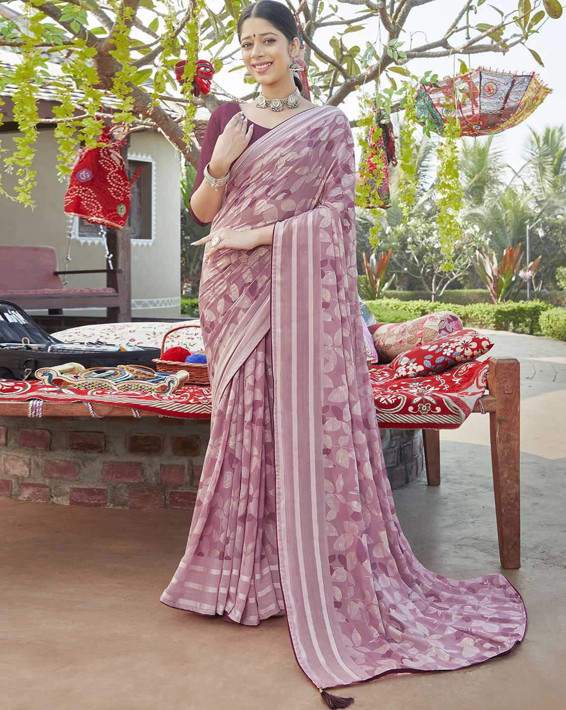 Brick Pink Floral Printed Saree in Muslin with Applique Border -...