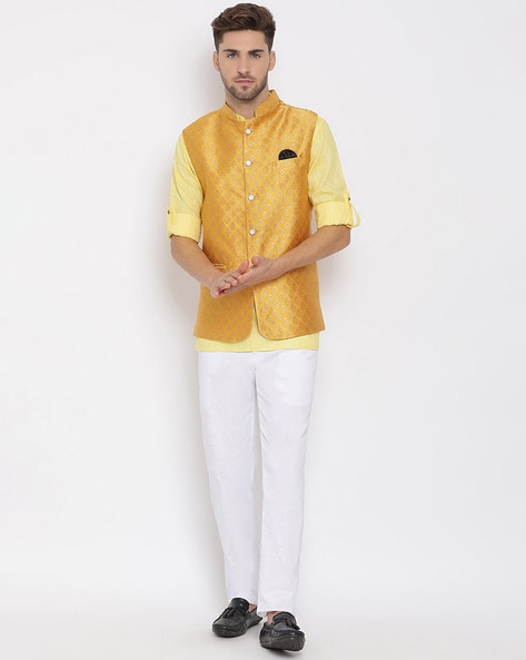 $39 - $52 - Yellow Kurta Pyjama Brocade Plain Kurta Pajama With Jacket  Online Shopping