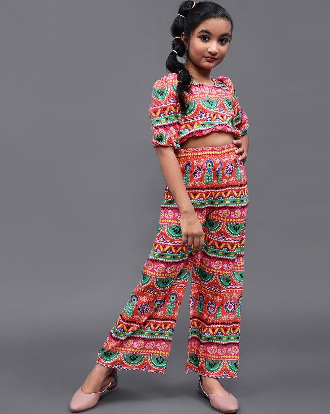 Blue Floral Crop Top with Maroon Palazzo Pants For Little Girls
