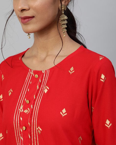 Twara brick red printed, glitter work & neck sequin embroidered 3/4th  sleeve cotton A-Line long kurti