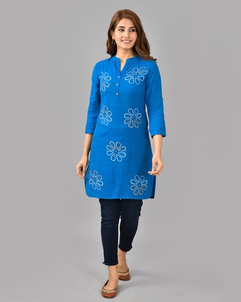 Women Blue & Green Solid High Low Kurta with Trousers