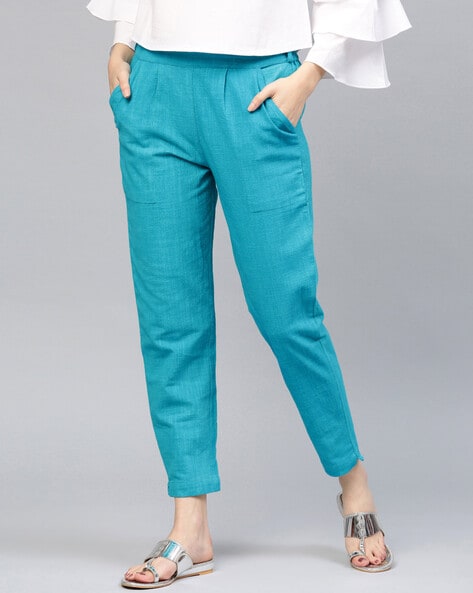 Blue Low Rise Cigarette Pants Online Shopping | OXXOSHOP