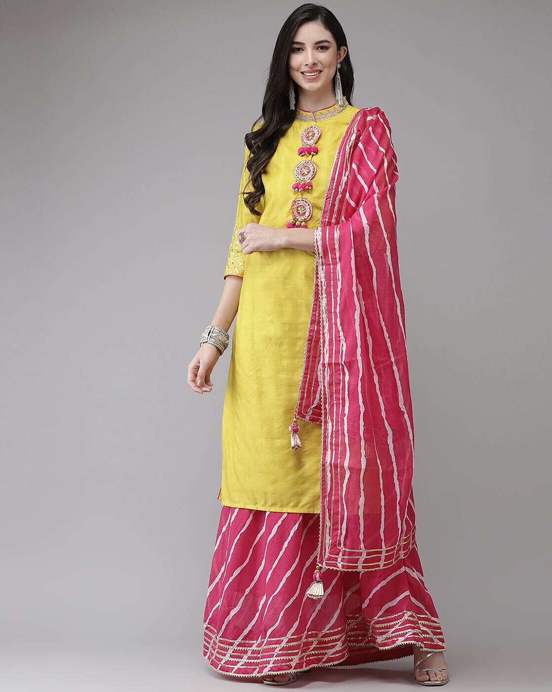 Buy Varanga Women Mustard Yellow  Pink Embroidered Kurta With Trousers   Dupatta  Kurta Sets for Women 13923864  Myntra