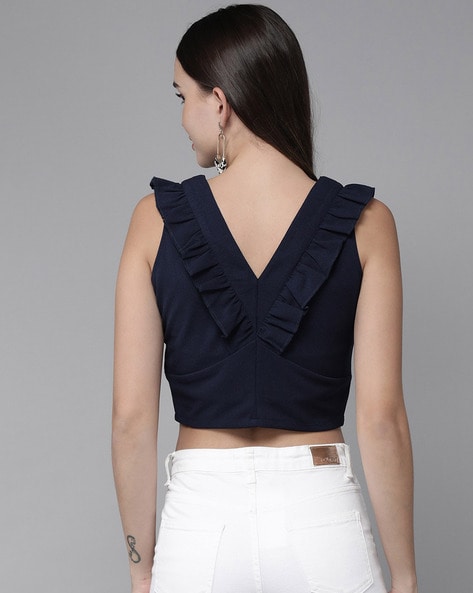 (Navy Blue)Women Tank Top Half High Neck Cropped Top Ruffles Sleeveless Crop