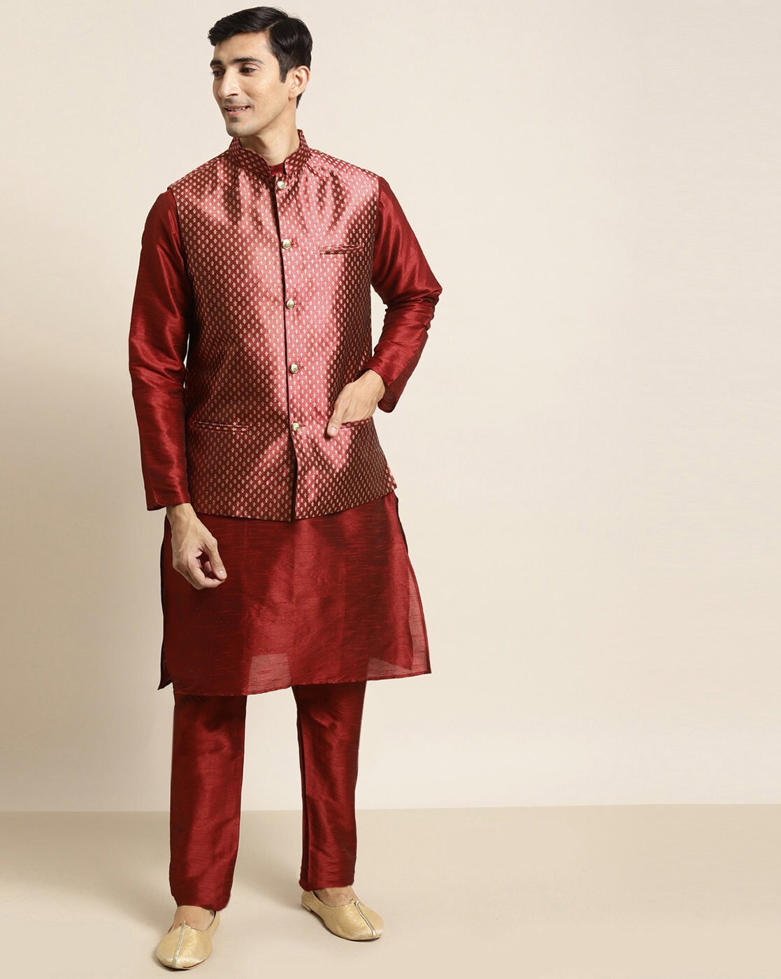 Readymade Red Kurta Pajama With Printed Nehru Jacket 515MW02