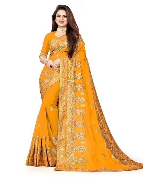 Banarasi Silk Yellow & Blue Bridal Embroidery Wedding Saree Online – Sunasa