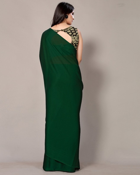 Lite pista green plain body georgette designer saree,contrast border &  blouse with floral deisgn embroidery & sequinwork